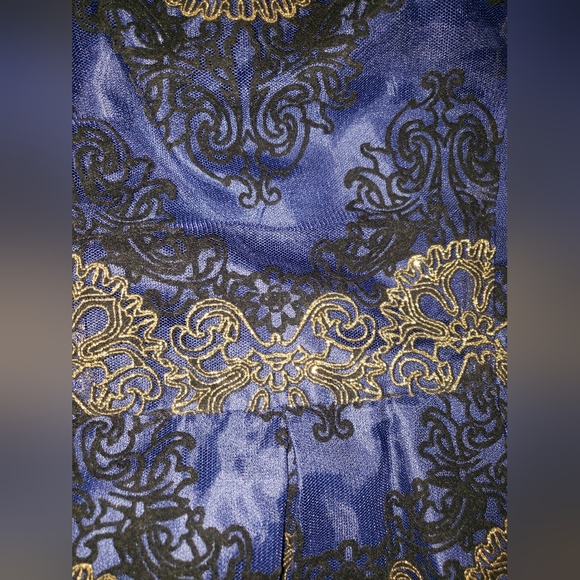 Studio One Navy Blue Dress w/ Black & Gold Embroidered Lace Overlay (Size 6) - Picture 5 of 16